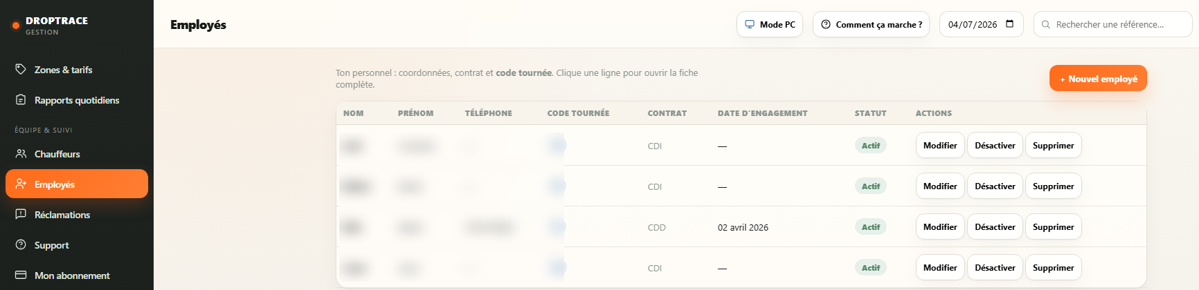 Écran Employés du gestionnaire DropTrace (coordonnées masquées)