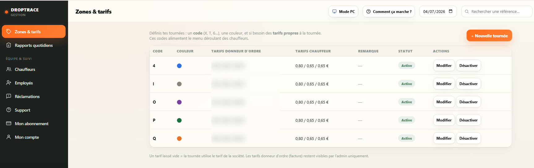 Écran Zones et tarifs du gestionnaire DropTrace : création de tournées et tarifs par code (tarifs responsable dépôt masqués)