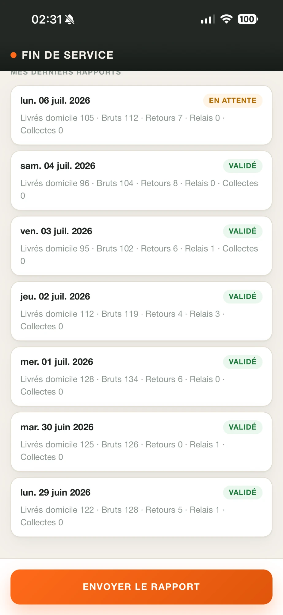 Écran Fin de service et historique des rapports de l'application chauffeur DropTrace