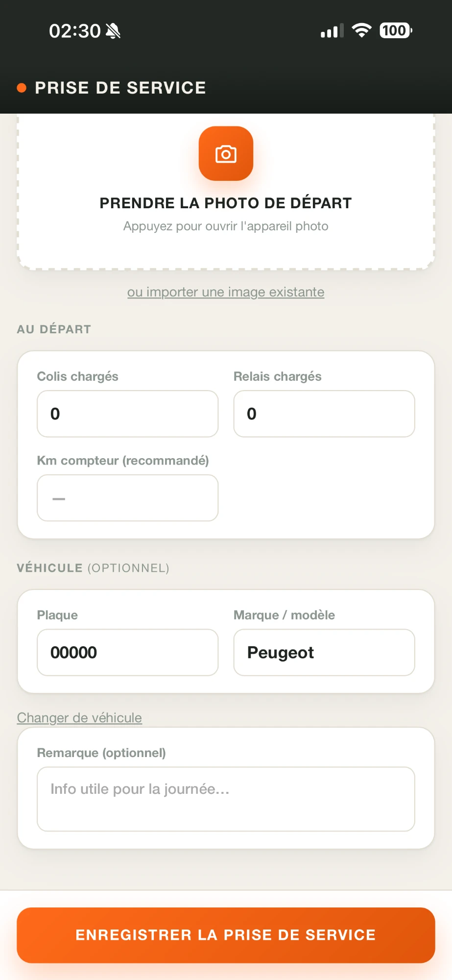 Écran Prise de service de l'application chauffeur DropTrace