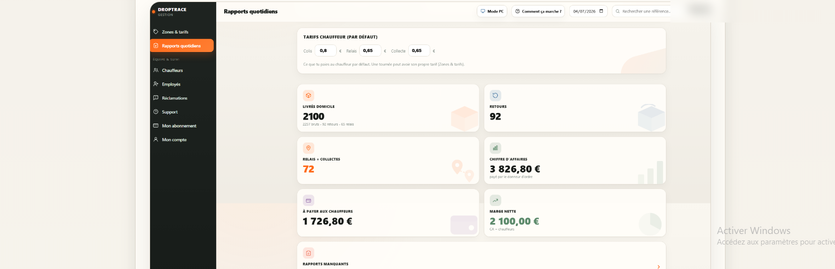 Capture de l'espace gestion sous-traitant DropTrace, rapports quotidiens et KPI (nom masqué)