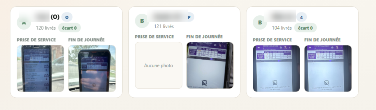 Écran Photos & rapports du responsable dépôt : photo de prise de service et de fin de journée par chauffeur (prénoms masqués)